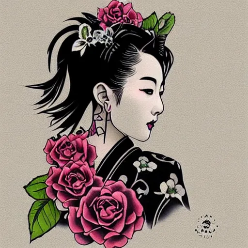 Image similar to tattoo design, stencil, traditional, portrait of a beautiful japanese girl framed by roses by artgerm, artgerm