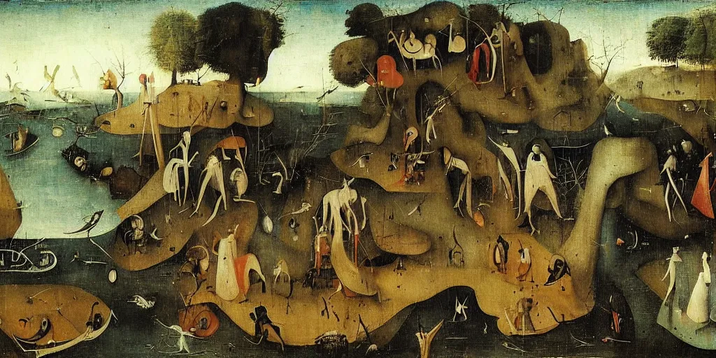 Image similar to in the endless forest there was a blue sea, and five men in suits stood evenly, holding out their hands in the direction of the sea ， by hieronymus bosch