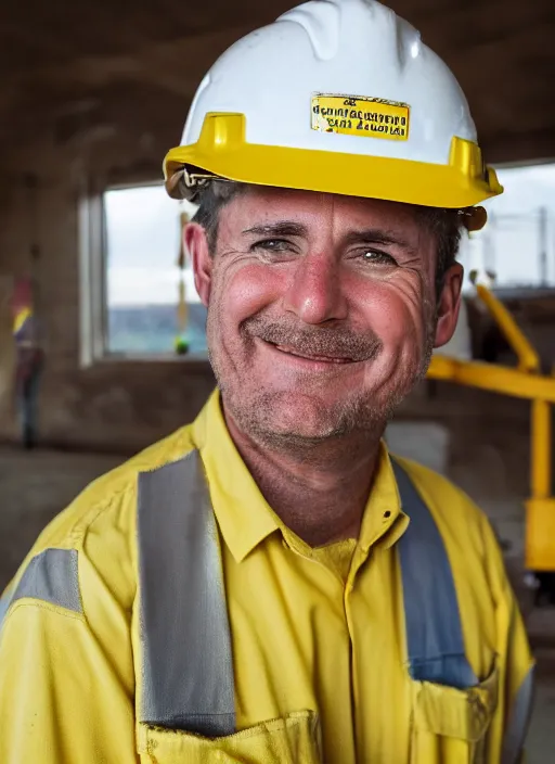 Image similar to closeup portrait of cheerful bryan craston as a crane operator, yellow hardhat, natural light, bloom, detailed face, magazine, press, photo, steve mccurry, david lazar, canon, nikon, focus