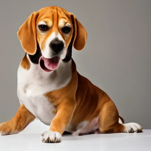 Prompt: gold beagle doing a photoshot with white background