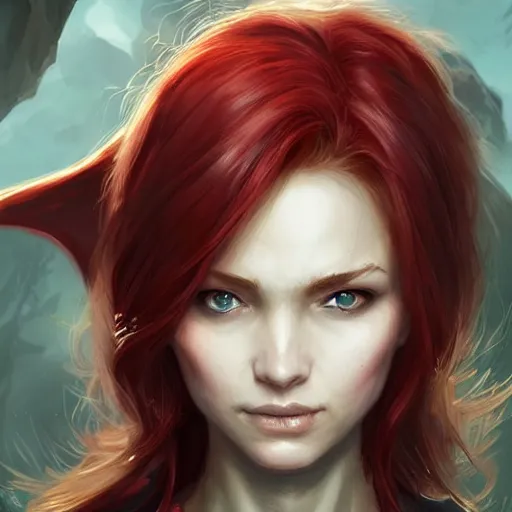 Image similar to draconic girl, portrait, highly detailed, trending on artstation, d & d, concept art, sharp focus, red hair, illustration, digital painting, art by artgerm and greg rutkowski and magali villeneuve