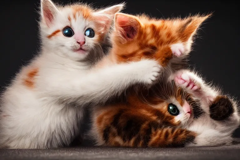 Image similar to A professional photo of two cute kittens play-fighting each other; cutest kittens ever; high-quality, dramatic lighting, extremely high detail, trending on artstation