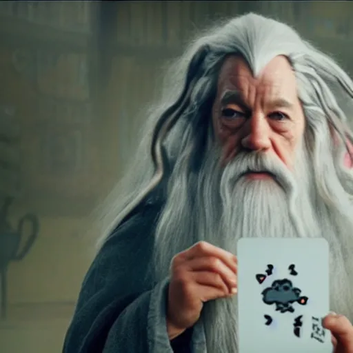 Image similar to portrait of gandalf, Hello Kitty hairdo, holding a blank playing card up to the camera, movie still from the lord of the rings