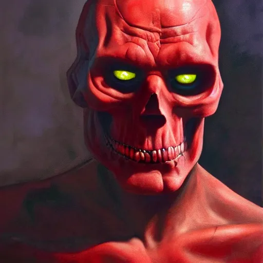 Image similar to ultra realistic portrait painting of red skull as voldemort, art by frank frazetta, 4 k, ultra realistic, highly detailed, epic lighting