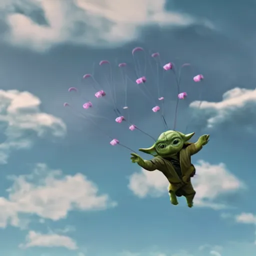 Image similar to baby yoda skydiving, realistic, highly detailed, cinematic