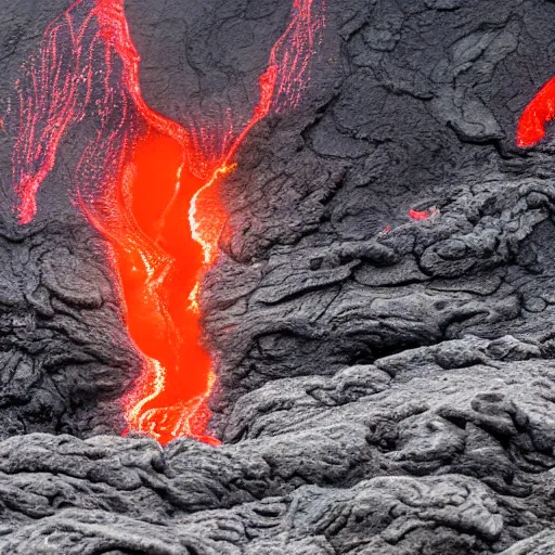 Prompt: man in a swimsuit blending with flowing lava on a volcano with magma eruptions