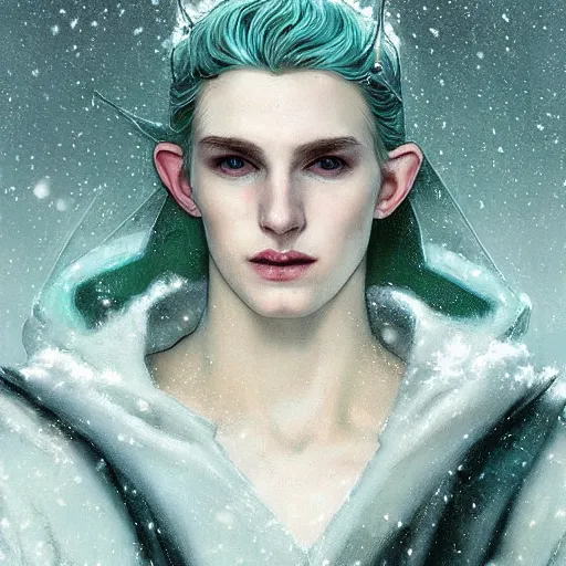 Image similar to handsome pointy - eared male snow elf in a turquoise cape and silver ornate armour, albino skin, androgynous face, mid - shot, moonlight snowing, ethereal opalescent mist, winter vibes, perfect face, elegant, very coherent symmetrical artwork, by greg rutkowski, alphonse mucha, charlie bowater, trending on artstation