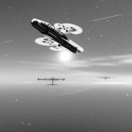 Image similar to blakes 7 liberator space craft flying low over a lake with relfections pencil sketch evening sunlight, ambient occlusion cinematic volumetric clouds