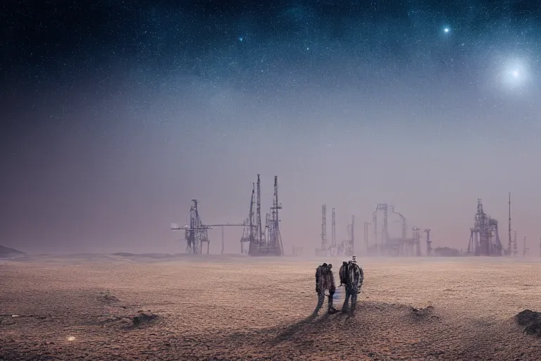 Image similar to landscape photography alien dust planet with sandstorm and oil rigs with multiple moons in the starry space skyline. men working seem small. sense of scale. huge futuristic grungy industrial buildings