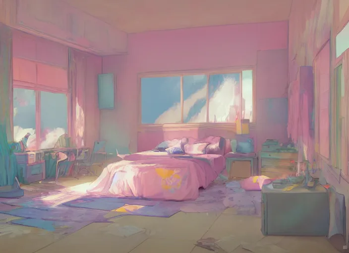 Prompt: placid pastel morning messy bedroom trending on pixiv