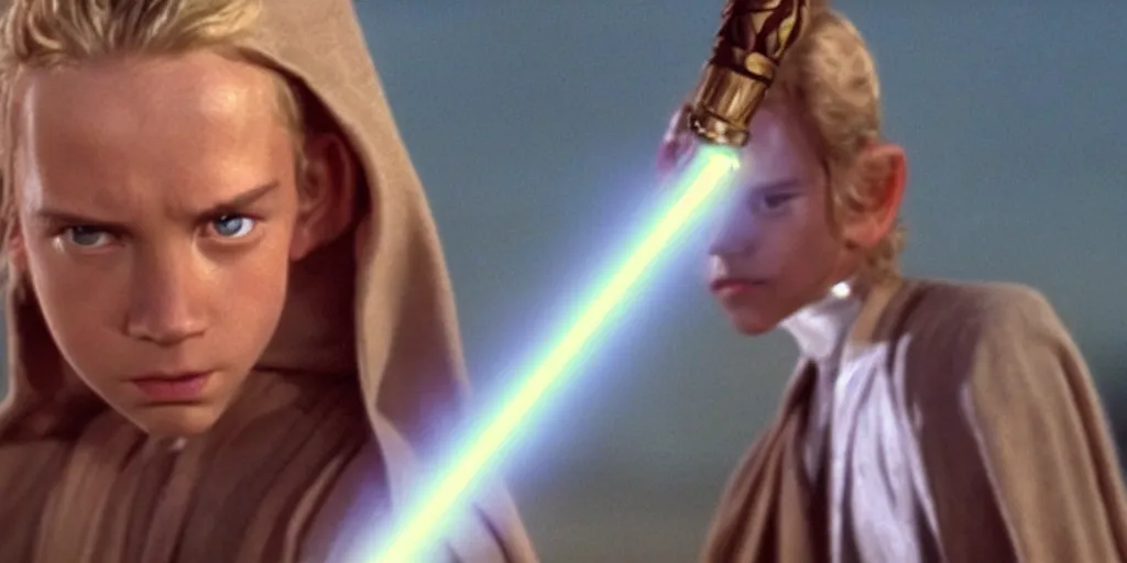 Image similar to !dream A full color still of a teenage blonde Jedi padawan holding the HILT of a lightsaber, looking scared, at golden hour!, from The Phantom Menace, directed by Steven Spielberg, 35mm!!! 1990