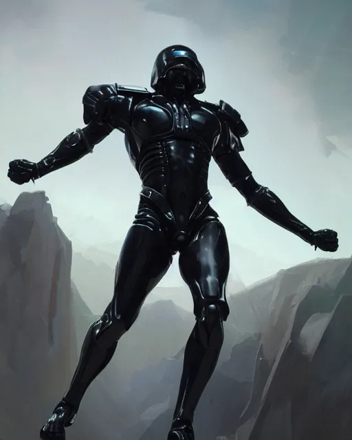 Prompt: iridescent sinewy smooth muscular male sleek glossy black pearlescent scifi armor with smooth black featureless helmet, by greg rutkowski, mark brookes, jim burns, tom bagshaw, magali villeneuve, trending on artstation