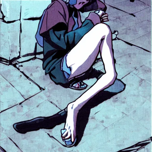 Image similar to homeless rei ayanami sitting on the floor in dark back alley