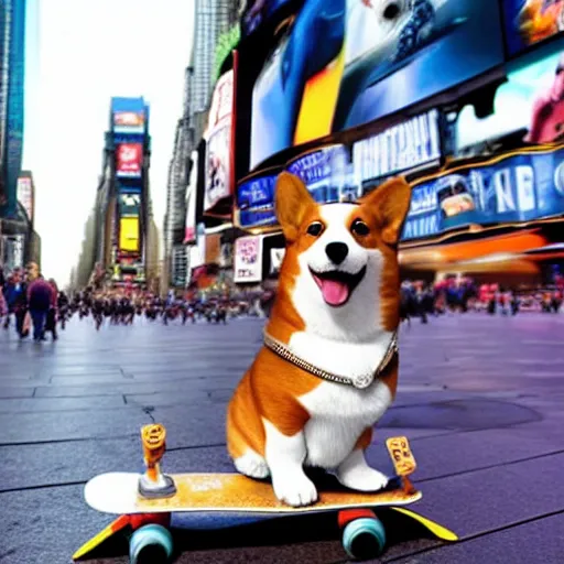 Prompt: a corgi riding a skate on times square