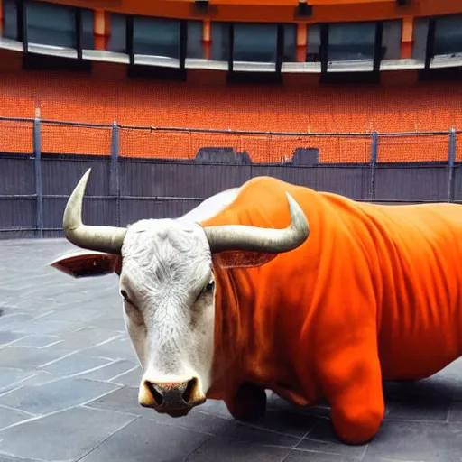 Prompt: bull in a bullring wearing orange prisoner clothes