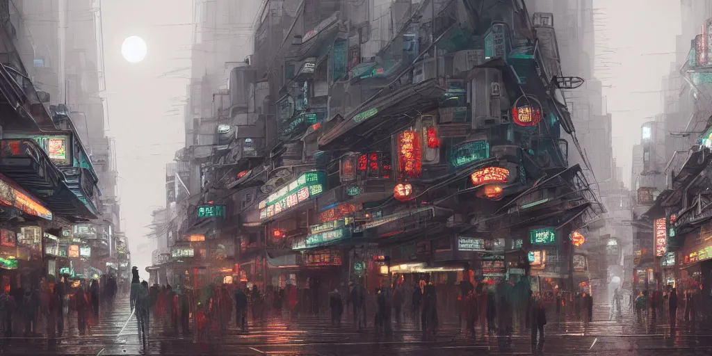 Prompt: china style, small building, city, street view, science fiction, cyberpunk, rain day, wide angle, full of people, moon, a lot of lights, cinematic lighting, high detail, digital painting, concept art, illustration, smooth, sharp focus, trending on artstation, trending on deviantart, 4 k