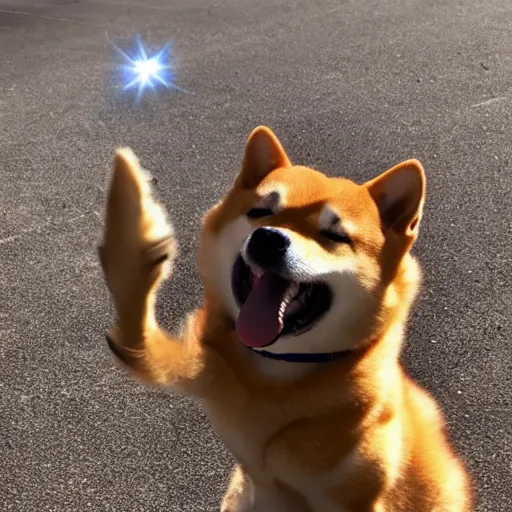 Prompt: photo of a real life ssj2 shiba inu shooting a kamehameha