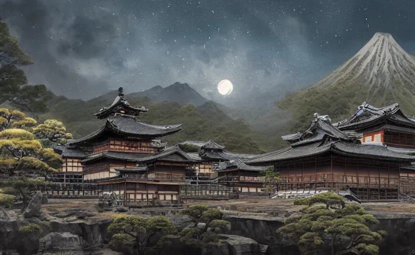 Image similar to highly detailed painting of old, ruined, japanese palace from sengoku period, surrounded by dense rock formations, high in mountains, night with bright moon light, environment concept art, photobash, unreal engine render, nanite