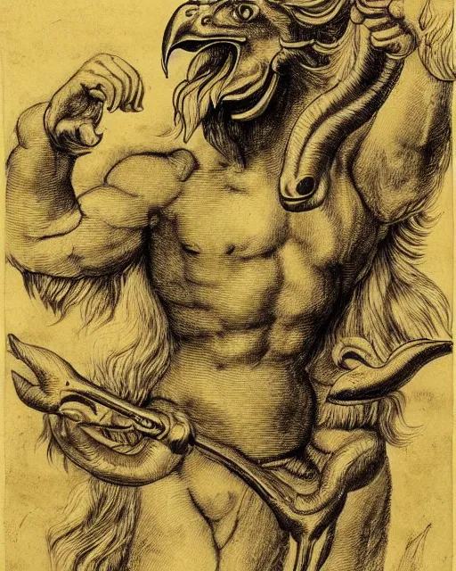 Image similar to a creature with the body and eyes of a man, with the beak of an eagle, the mane of a lion, and the horns of an ox. drawn by da vinci