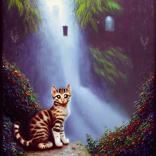 Image similar to painting of one kitten in the enchanted forest standing on the steps and watching the waterfall, fantasy, intricate, extremely detailed, matte, featured in artstation, art by louis wain, greg rutkowski