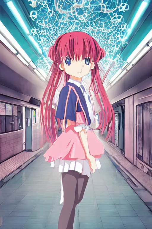 Prompt: 3d anime poster in the style of Hiro Kiyohara, realistic anime school girls stands on the subway station in tokyo, portrait, vapor, the palms come from the ground, rays of light breaking through the air, pink jellyfish everywhere, infrared tones, super detailed and realistic, grid and web, minimalistic composition, center of frame, dramaticlly deep composition, pastel tones, center of the frame, redshift, octane, cinematic, hyper realism, high detail, octane render, 8k
