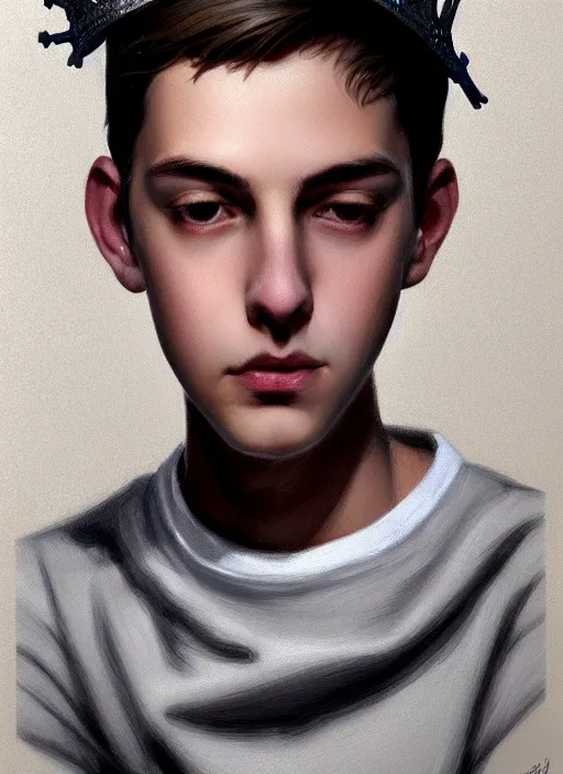 Image similar to portrait of teenage jughead jones wearing a light grey crown, photorealistic, crown, eyes closed, crown, black hair, intricate, elegant, glowing lights, highly detailed, digital painting, artstation, concept art, smooth, sharp focus, illustration, art by wlop, mars ravelo and greg rutkowski