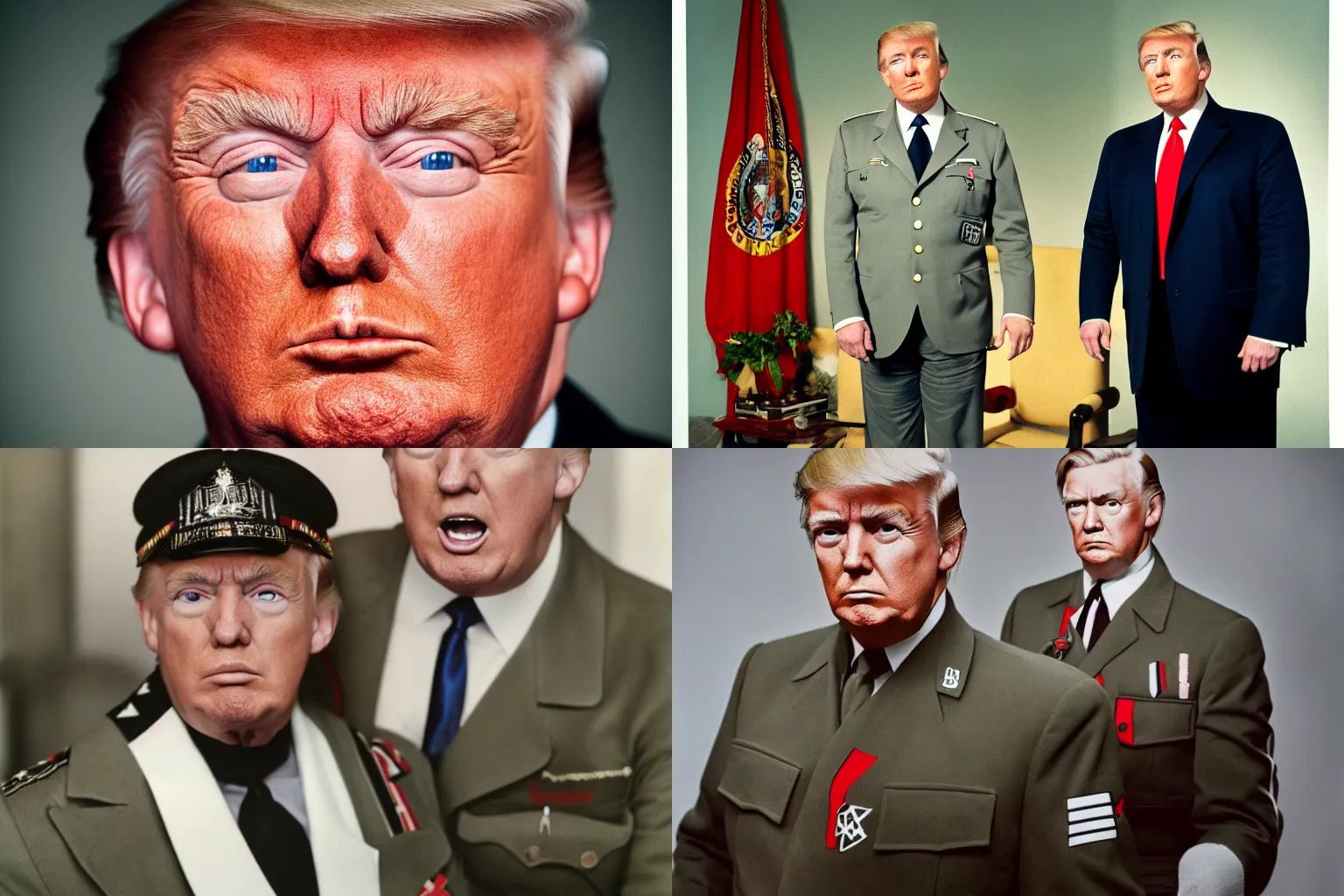 Prompt: upper body portrait photograph of Donald Trump wearing german Reichsführer outfit, off-camera flash, canon 35mm lens f8 aperture, color Ektachrome photograph,