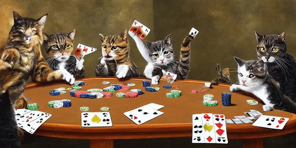 Image similar to cats playing poker, hyper realistic