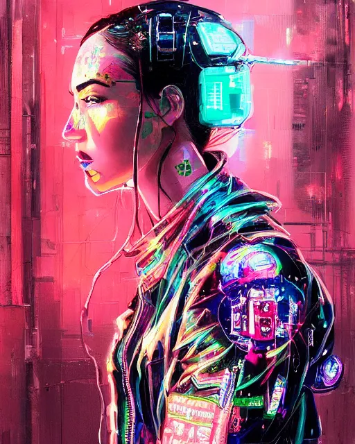 Image similar to detailed Megan Fox portrait Neon Operator Girl, cyberpunk futuristic neon, reflective puffy coat, decorated with traditional Japanese ornaments by Ismail inceoglu dragan bibin hans thoma !dream detailed portrait Neon Operator Girl, cyberpunk futuristic neon, reflective puffy coat, decorated with traditional Japanese ornaments by Ismail inceoglu dragan bibin hans thoma greg rutkowski Alexandros Pyromallis Nekro Rene Maritte Illustrated, Perfect face, fine details, realistic shaded, fine-face, pretty face