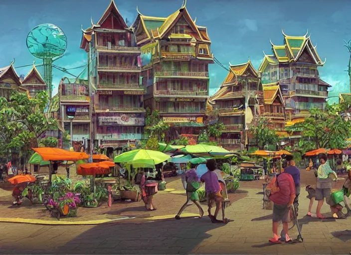 Prompt: bangkok townsquare, summer morning, very coherent and colorful high contrast, art by gediminas pranckevicius, geof darrow, dark shadows, hard lighting