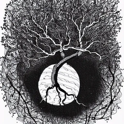 Image similar to black and white ink doodle illustration of an ancient tree floating in outer space, overgrown with funghi, style by peter deligdisch, peterdraws