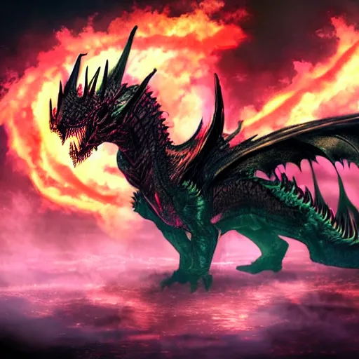 Prompt: The black dragon Alduin breathing a rainbow-colored fire. 4k. Concept art. High detail. Unreal engine. Style of Lovecraft.
