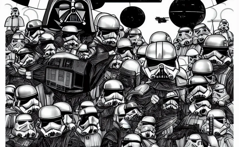 Image similar to darth vader on the death star surrounded by storm troopers and tie fighters, in the style of studio ghibli