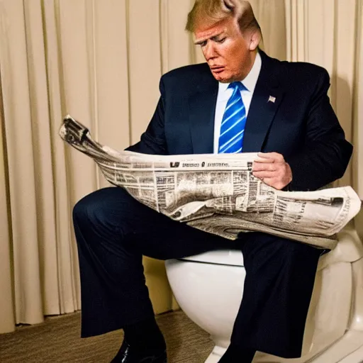 Image similar to donald trump sitting on a toilet with his pants down, he is looking at a newspaper.