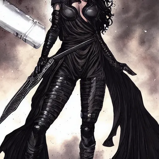 Prompt: a beautiful warrior woman with dark hair, wearing black jumpsuit covered by plates of black body armour, she is holding a long staff, detailed face, smooth, sharp focus, graphic novel, art by pepe larraz,