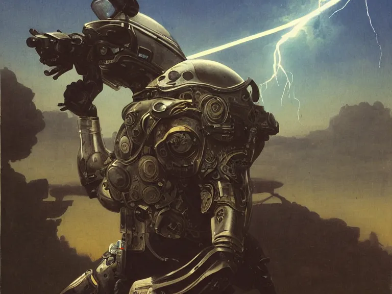 Image similar to a detailed profile painting of a bounty hunter in armour and visor, cinematic sci-fi poster. Spaceship high in the background. Flight suit, anatomy portrait symmetrical and science fiction theme with lightning, aurora lighting clouds and stars. Clean and minimal design by beksinski carl spitzweg and tuomas korpi. baroque elements. baroque element. intricate artwork by caravaggio. Oil painting. Trending on artstation. 8k