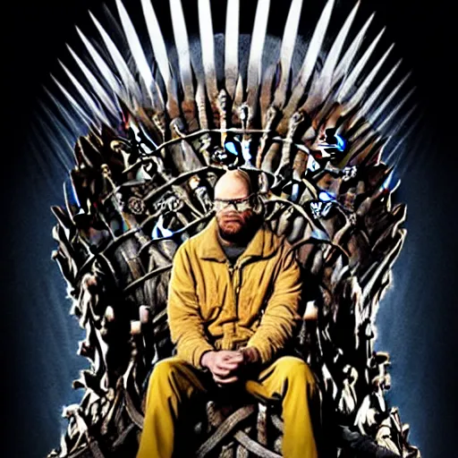 Prompt: “ very very very very intricate photorealistic screenshot of a walter white on the iron throne in an episode of game of thrones, detailed atmospheric lighting, award - winning crisp details ”