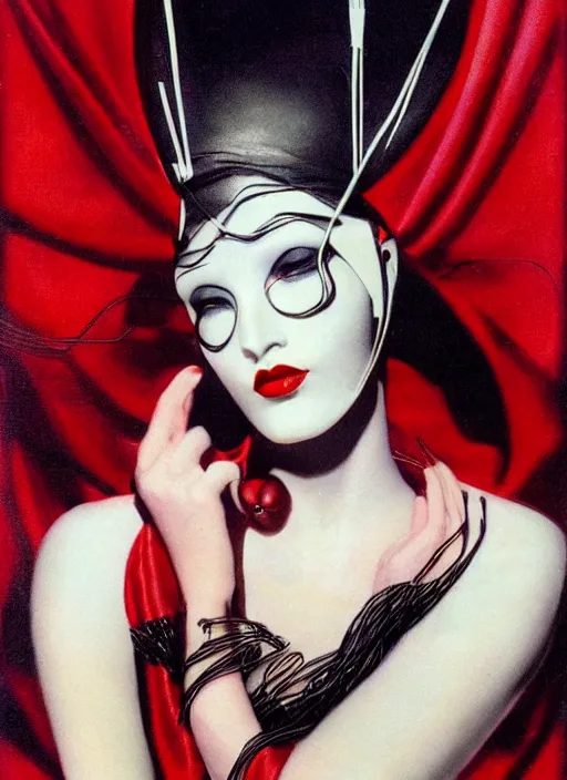 Image similar to an 8 0 s portrait of a woman with dark eye - shadow and red lips with dark slicked back hair, a mask made of wire and beads, dreaming by serge lutens, rolf armstrong, delphin enjolras, peter elson, red cloth background, surreal flat color