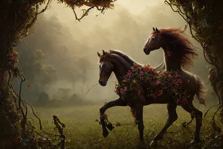 Image similar to a stunning horse with a mane of vines and flowers by greg rutkowski, high key lighting, volumetric light, digital art, highly detailed, fine detail, intricate, ornate, complex, octane render, unreal engine, photorealistic