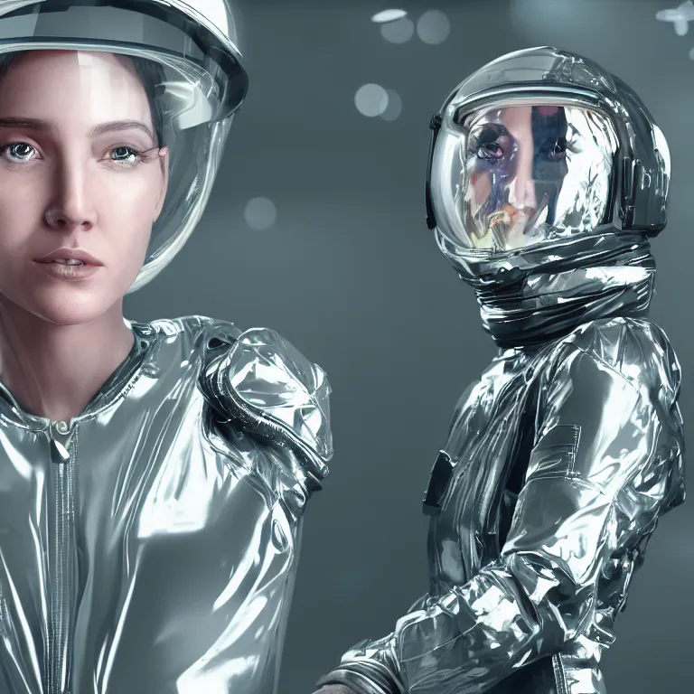 Prompt: octane render portrait by wayne barlow and carlo crivelli and glenn fabry, subject is a woman wearing a clear iridescent plastic and silver spacesuit with intricate colorful metal helmet, floating inside a futuristic black space station, cinema 4 d, ray traced lighting, very short depth of field, bokeh