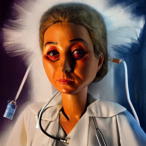 Image similar to detailed details photorealistic puppet nurse ghost in the style of bob peak and alex ross, gouache and wash paints color, detailed details facial and body and human and environments and proportionate, detailed 5 k details.