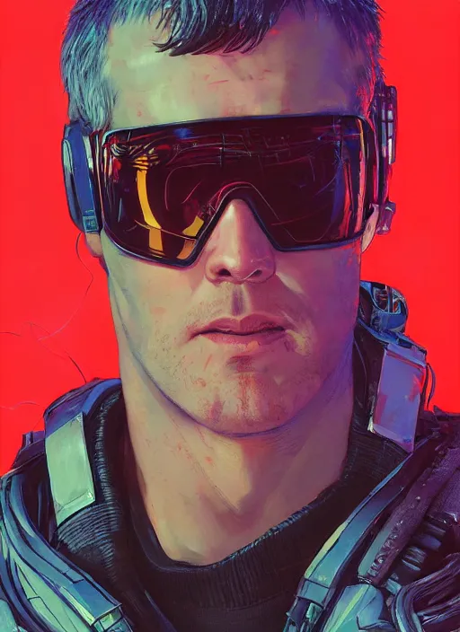 Image similar to cyberpunk space pilot character ( blade runner 2 0 4 9, dystopian, cyberpunk 2 0 7 7 character design ). attractive face. portrait by james gurney and laurie greasley and yoji shinkawa, oil on canvas. cinematic composition, hyper realism, realistic proportions, anatomy, dramatic lighting, photorealistic, high detail, 4 k