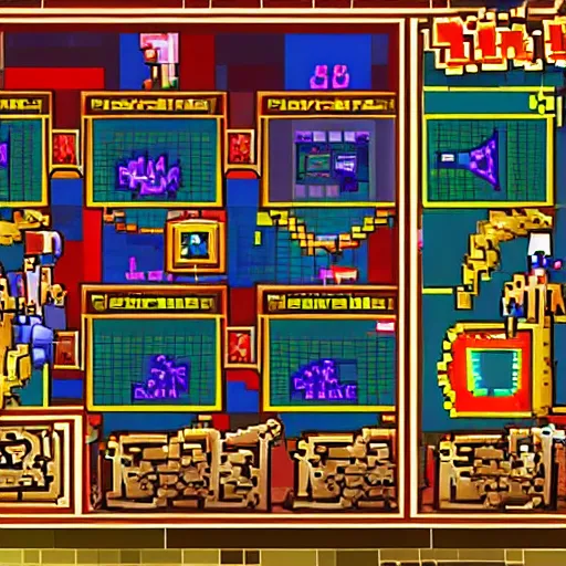 Image similar to a pixel art roguelike game about battling slot machines