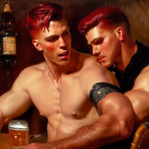 Image similar to attractive muscular male with red hair and muscular attractive male with black hair, drinking their hearts out, in a pub. very defined and highly detailed painting by j. c. leyendecker, gaston bussiere, craig mullins 8 k