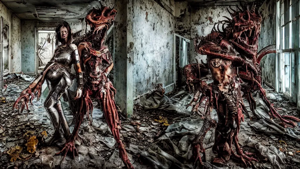 Prompt: a photograph of a beautiful woman wearing plastic armor and a decomposing thanatosdrakon in an old dilapidated mental hospital, scary, vibrant colors, dark, hyper - detailed