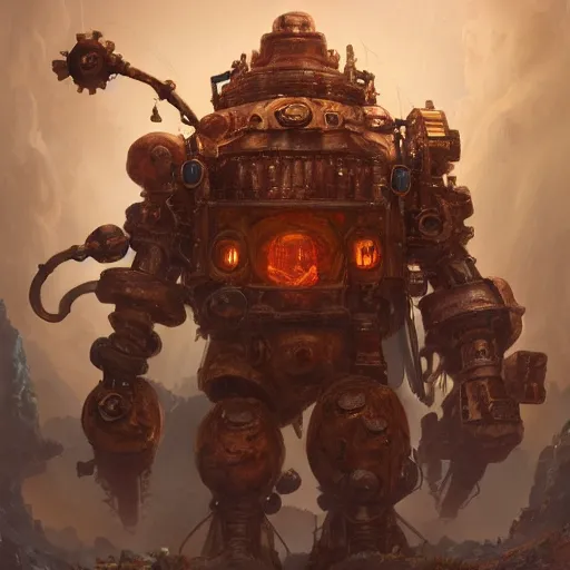 Image similar to a Steam powered mechanical golem, forward facing angle, character design, art by Tooth Wu and justin gerard and Blizzard studios, post-processing, extremely hyperdetailed, intricate complexity, epic composition, masterpiece, trending on artstation