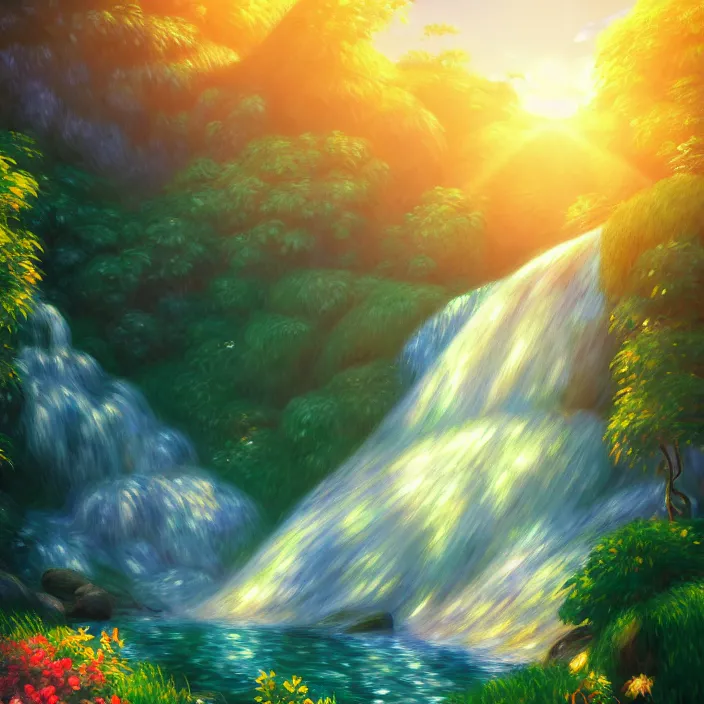 Prompt: an epic makoto shinkai and renoir landscape of a v - shaped triangular waterfall, 🌺, golden hour, ultra smooth, lois van baarle, ilya kuvshinov, unreal engine, blender, trending on artstation, suntur, caleb worcester, highly detailed, photorealism, bloom effect 8 k