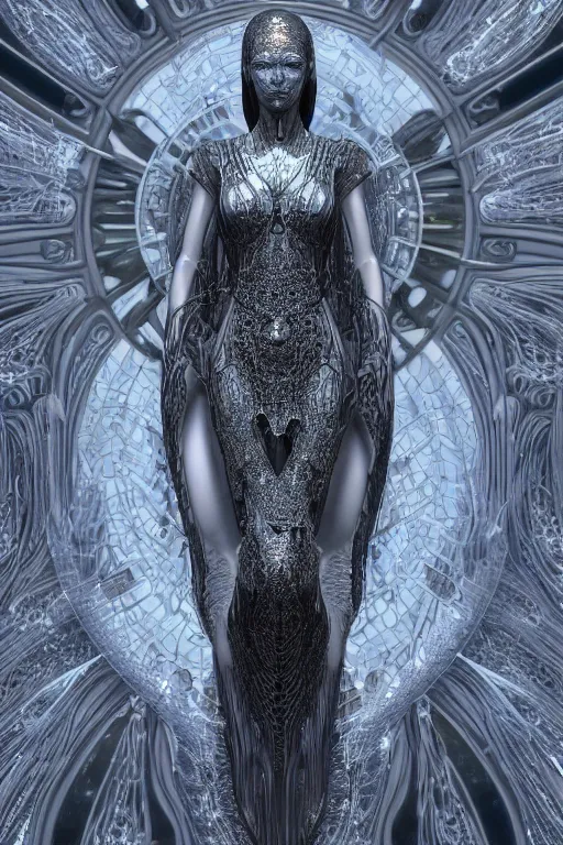 Image similar to a highly detailed portrait of a beautiful ancient alien matrix woman goddess bella hadid in iris van herpen dress in diamonds and fractals in style of alphonse mucha art nuvo dmt trending on artstation made in unreal engine 4