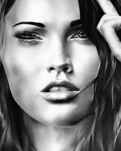Image similar to realism tattoo design sketch of megan fox portrait blended with beautiful mountain scenery, in the style of dan mountford, double exposure photography, hyper realistic, amazing detail, black and white