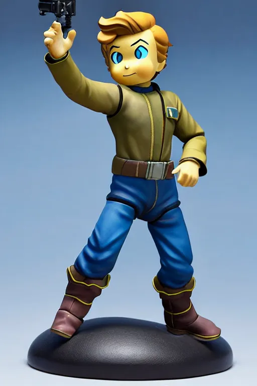 Image similar to still high quality figurine of vault boy from fallout, action figure, tsurime eyes, tareme eyes, personification, dynamic pose, detailed product photo, featured on amiami, tone mapped, beautiful composition, 8 5 mm, f. 1 4